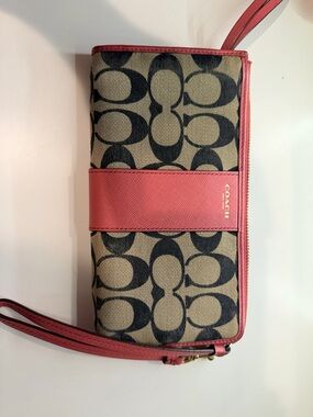 Coach Canvas Signature Wristlet in Khaki and Pink w/ Gold hardware